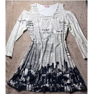Y2K Pretty Woman New York Newspaper Print Cold Shoulder Dress NYC Avant Garde